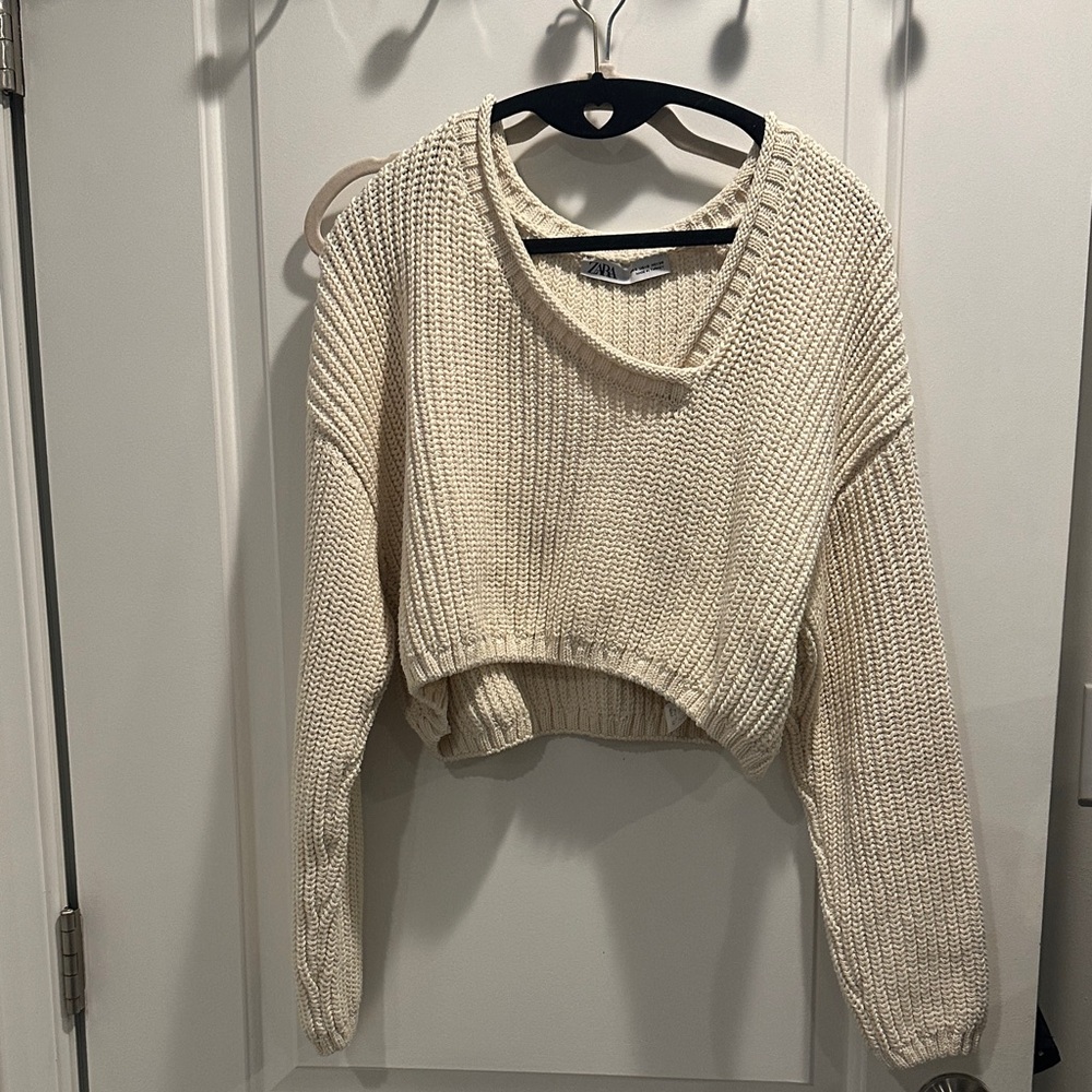 Cream Cropped Knit Sweater - Zara